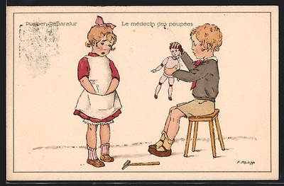 artist postcard signed F. Philip: Boy Repairs His Girlfriend's Doll 1920 