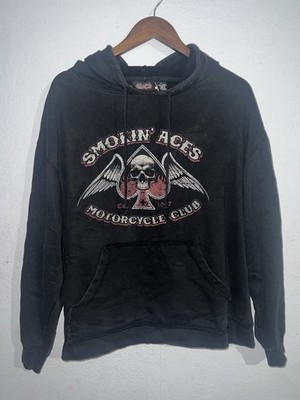 Y2K Vintage Biker Motorcycle Skull Hoodie Smoking Aces Wings Street Wear Grunge