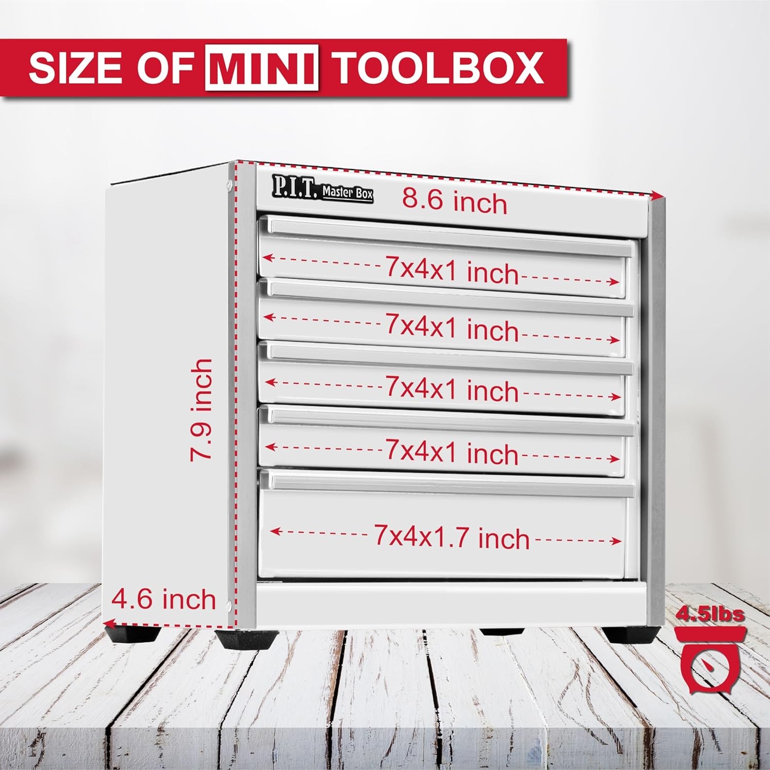 P.I.T. Mini White Tool Box, Portable 5-Drawer Micro Roll Cab 5-Drawer, 