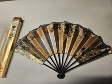 Vintage 1950s JAPAN AIRLINES JAL Aviation Gold Bamboo Folding Hand Fan in box