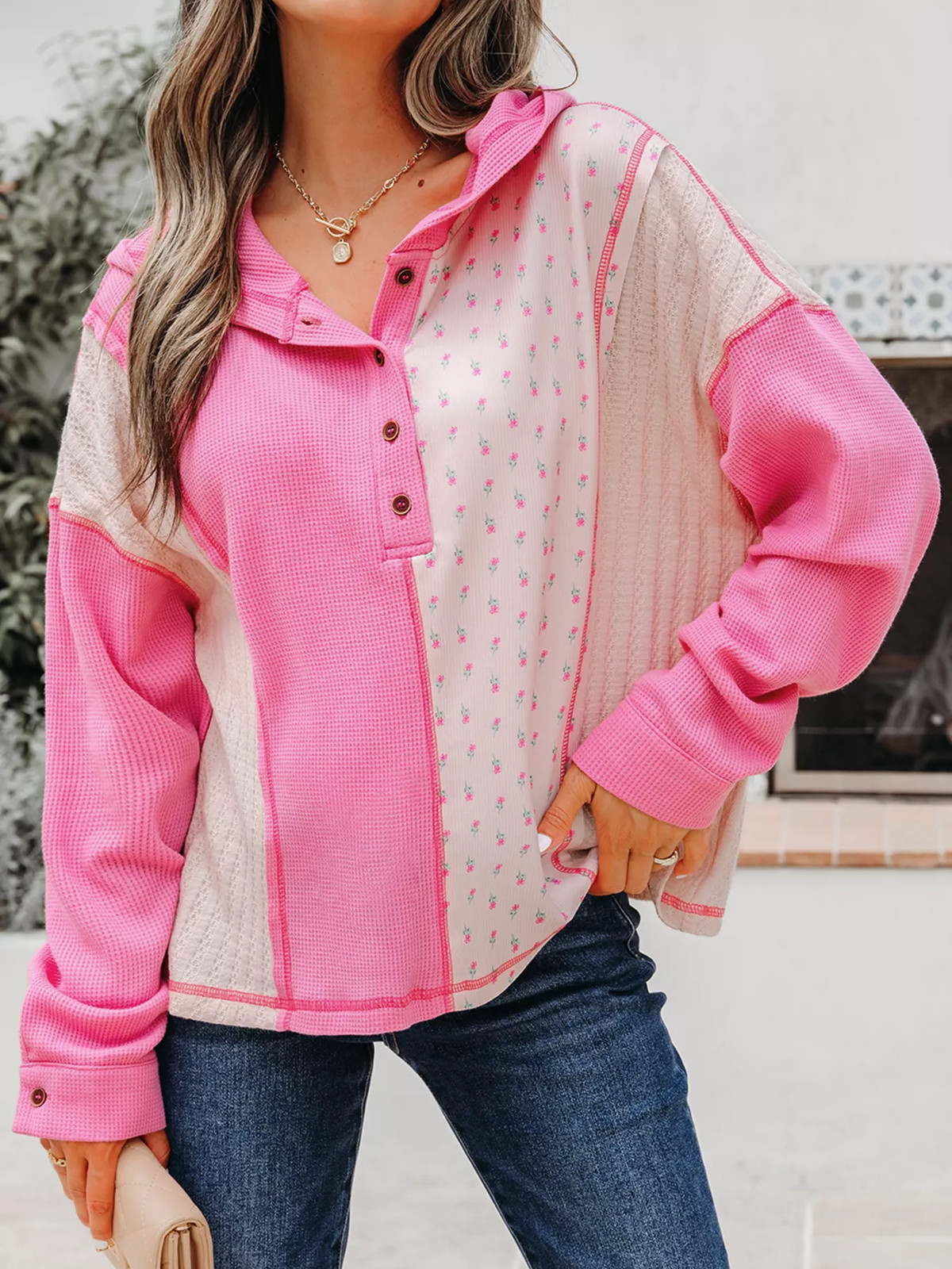 Mixed Texture Waffle Floral Patchwork Hooded Over… - image 1