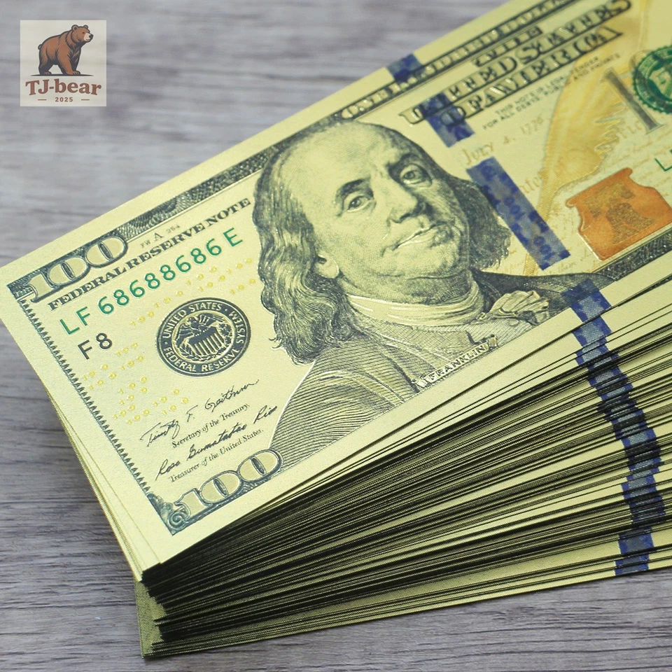 Venta al por mayor Lote 100 piezas Nuevos $100 dólares estadounidenses Color Oro Billetes Dinero Billetes Artesanías Foto 2 de 4