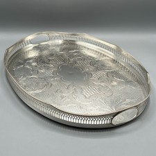 LARGE Vintage Silver Plated Gallery Serving Tray Handles Cocktail Drinks English