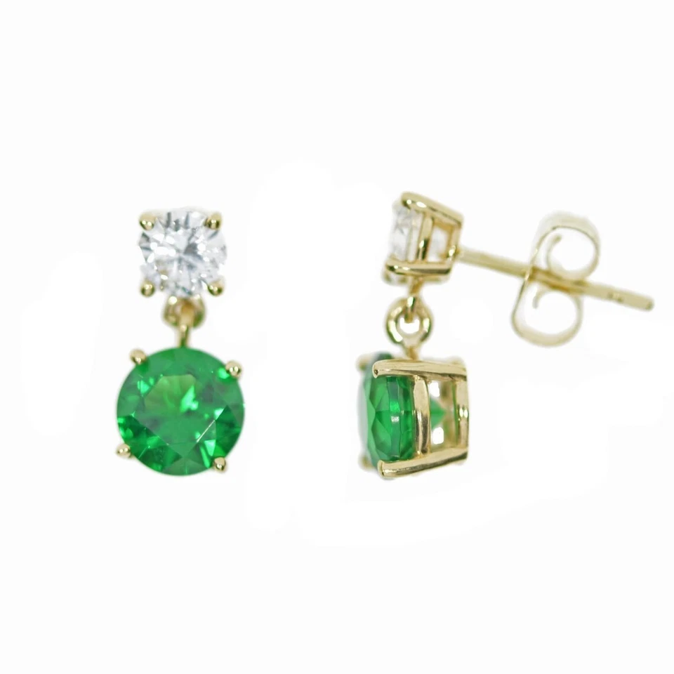 14K Yellow Gold Emerald Diamond Dangle Stud earrings for women Anniversary Gifts - Image 3 of 4