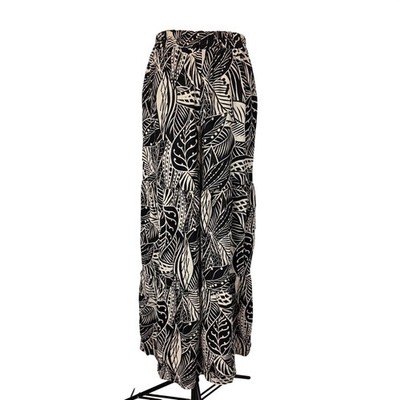Rich Famous Large Black White Tropical Print Wide Leg Tiered Linen Palazzo Pants