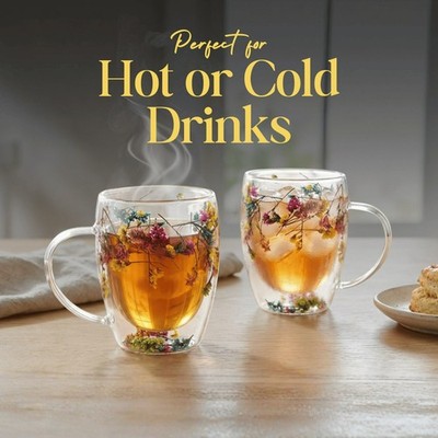 350 ml doppelwandiger Glasbecher mit Trockenblumen, 2er Pack, ergonomischer Griff