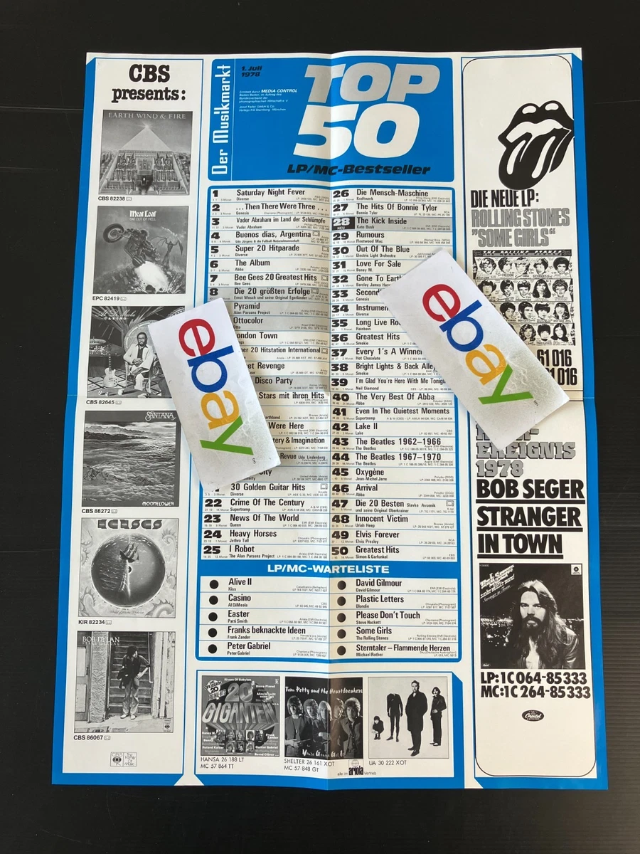 MUSIKMARKT LP CHARTS PLAKAT vom 1.7.1978 Rolling Stones BOB SEGER Dylan MEAT