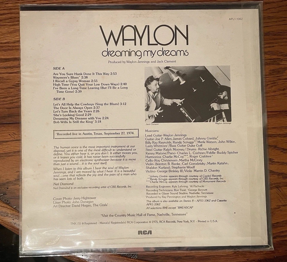 Waylon Jennings “Dreaming My Dreams” Vinyl LP 1975 US Original Pressing VG/VG+ - Image 2 of 4