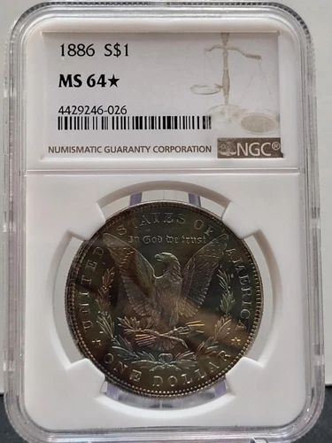 1886 RAINBOW TONED $1 NGC MS-64 Star  Morgan Silver Dollar