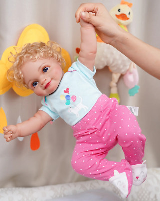 20'' Blonde Curly Hair Doll Big Blue Eyes Sweet Smile Soft Vinyl w/ Heart Outfit