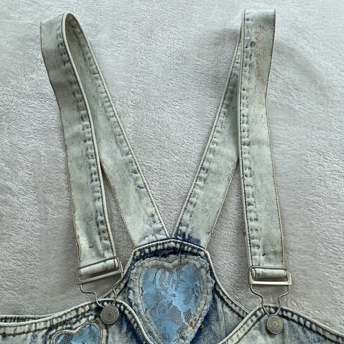 Jordache Girl's Junior Faded Denim Overalls w Blue Lace Hearts Large - Picture 7 of 15