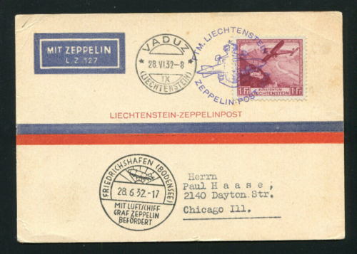 Tarjeta postal Zeppelin 1932 Sieger 167I 250o vuelo suizo Liechtenstein - Imagen 1 de 1