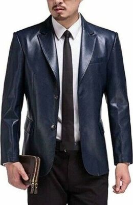 Herren Leder Blazer Echt Lammleder Blau Blazer Revers Zwei Knöpfe Mantel Blazer