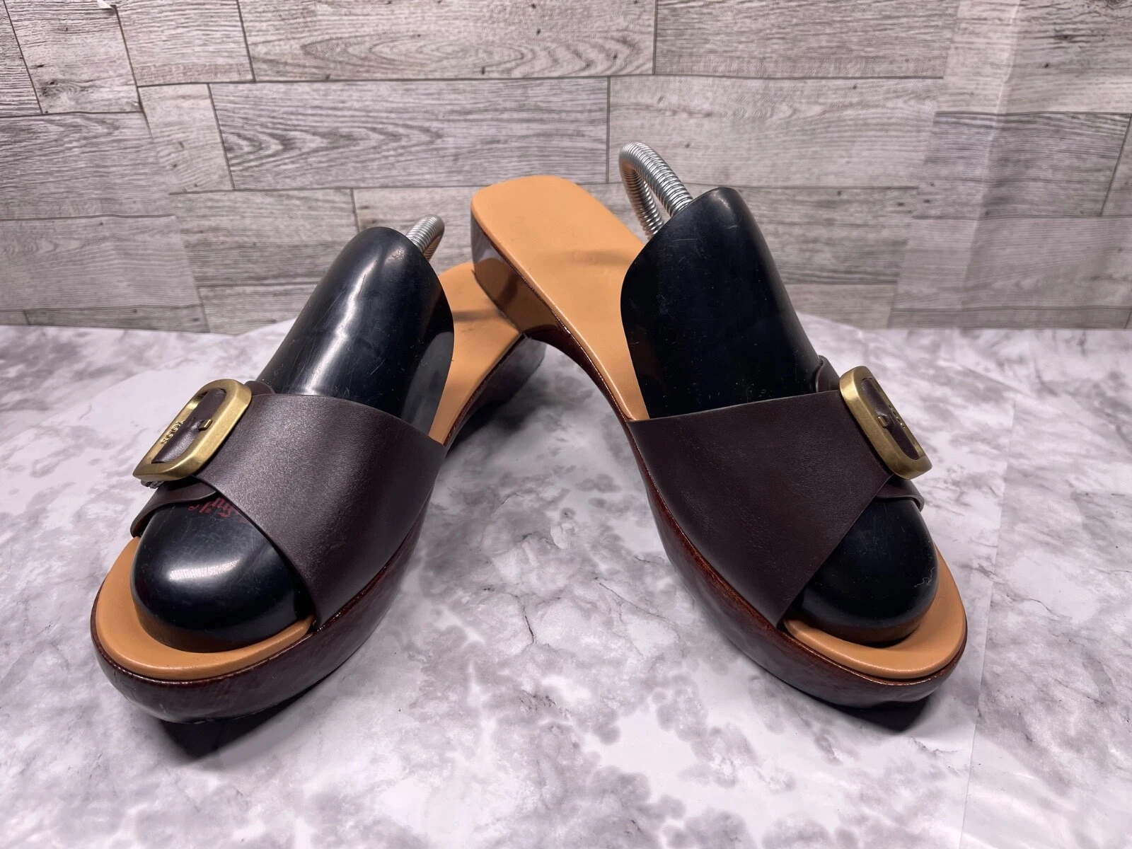 TOD’S Tods Slides Sandali Donna 8 5M Scarpe Marrone Pelle Fibbia Legno Slip On Comfort
