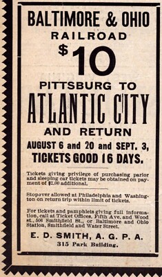 #ad Baltimore Ohio Railroad 1903 Vintage Print Ad Pittsburg to Atlantic City Tickets $8.45
