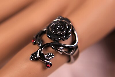 Metal Ring With Roses Stainless Steel Rose Ring with Two Red Cubic Zirconia Crystals ...