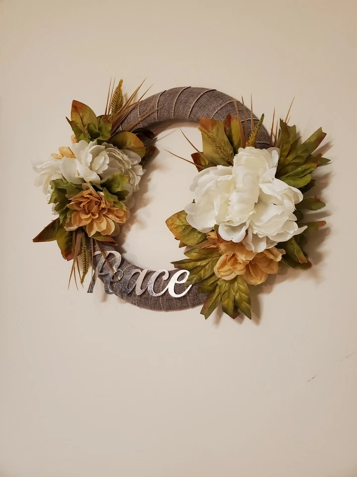 PEACE peony white beige brown green BEAUTIFUL WREATH elegant Decor Front Door 15 - Imagem 4 de 4