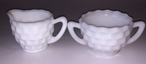 Hazel Atlas Cubist Milk Glass Cream and Sugar Set. Vintage. 1960s. Beautiful! - Picture 2 of 5