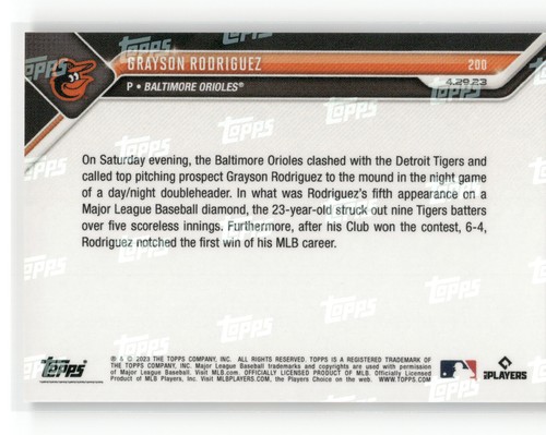 🟦 GRAYSON RODRIGUEZ Rookie 1st Win 2023 Topps Now #200 BLUE 14/49 Orioles RC 📈 - Picture 2 of 2