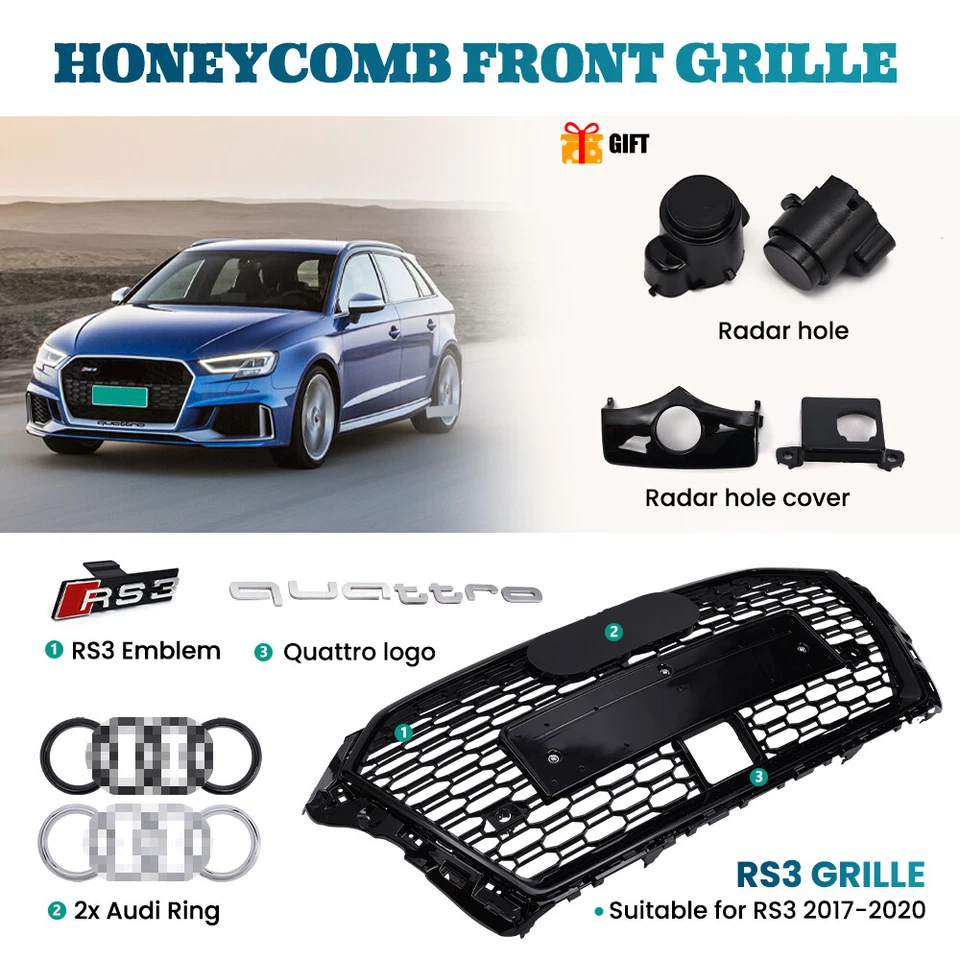 Parrilla delantera estilo panal Quattro para Audi A3 8V RS3 17-20 negro brillante Foto 3 de 4