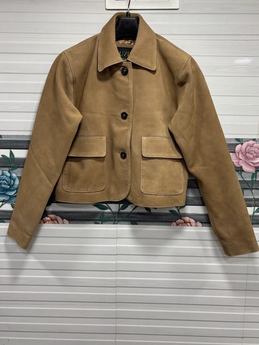 Women 100% Real Suede Leather Cropped Jacket Short Biker Jacket Camel Beige Coat - Picture 4 of 17