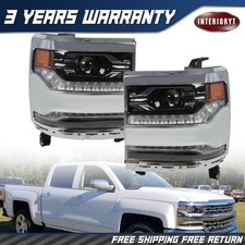 Pair Led Headlight Headlamp For Silverado 1500 2016-2018 Frame Chrome Rightleft