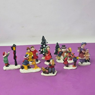 Set 10 Hand-Painted Christmas Village Figurines With Trees & Children Playing