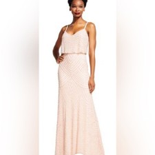 ADRIANNA PAPELL Light Pink Blush Art Deco Beaded Blouson Gown Sz 10 Read