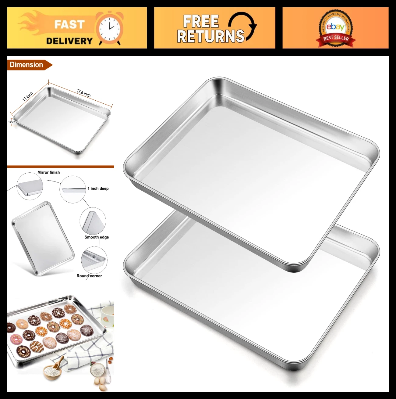 Large Stainless Steel Baking Sheet Set of 2 - Non-Toxic, Easy Clean, Heavy Duty
Opens in a new windo