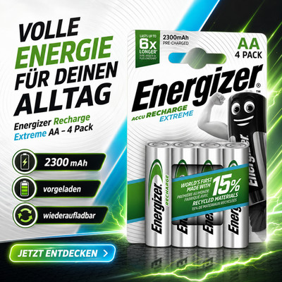 Energizer Recharge Extreme AA Akkus   4 Stück   2300 mAh   vorgeladen