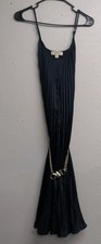 Michael Kors Midnight Blue Scoop Back Pleated Slip Dress Gold Tone MK Logo Chain