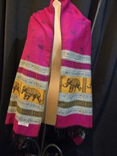 Pashmina Cashmere Shawl Wrap Scarf Pink Gold Black Fringe Elephants