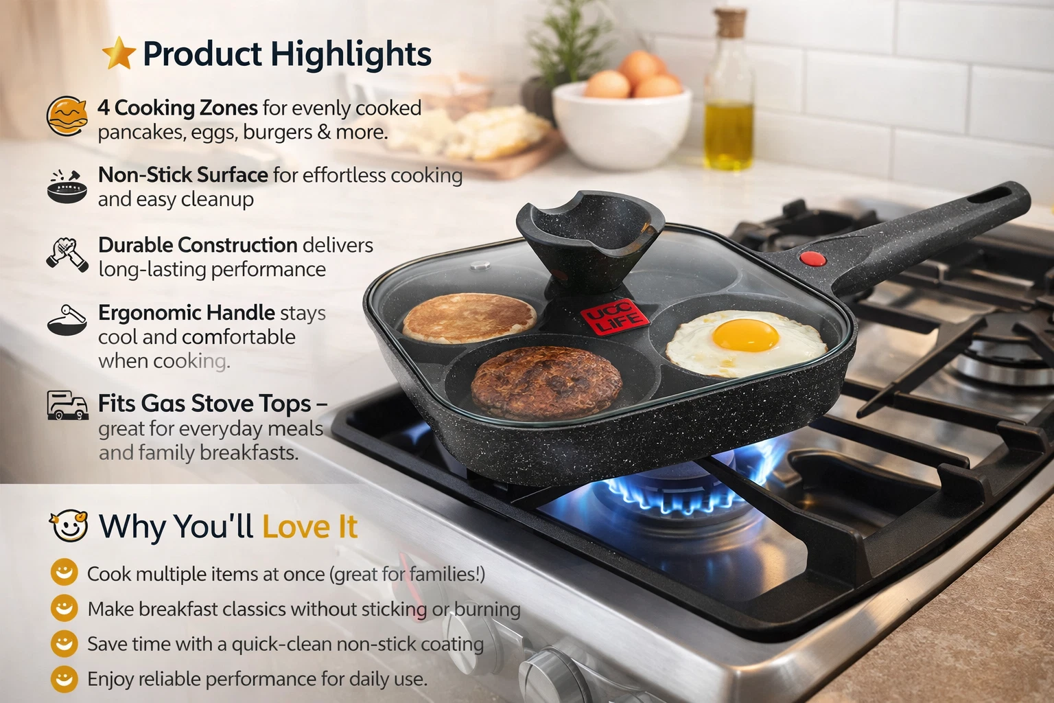 4 Hole Non-Stick Multi Pancake Egg Frying With Handle Poached Egg Pan UK