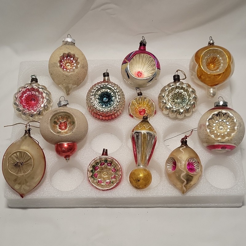 13 Vintage Mercury Glass Ornaments Indentations Bumpy Western Germany