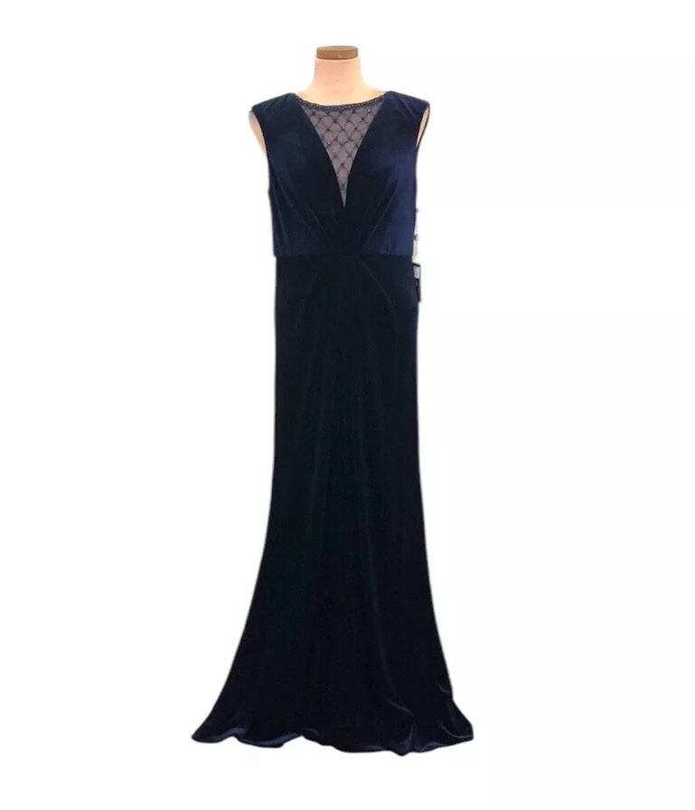 NWT Adrianna Papell Maxi Dress 12 Midnight Navy Blue Velvet Beaded Mermaid  Gown | eBay UK