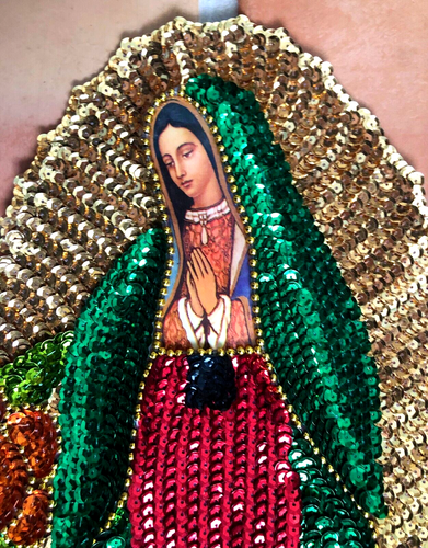 Vintage Virgin de Guadalupe 14" x 8" Mexican Art Handmade Sewing Patch w Sequins - Picture 2 of 4