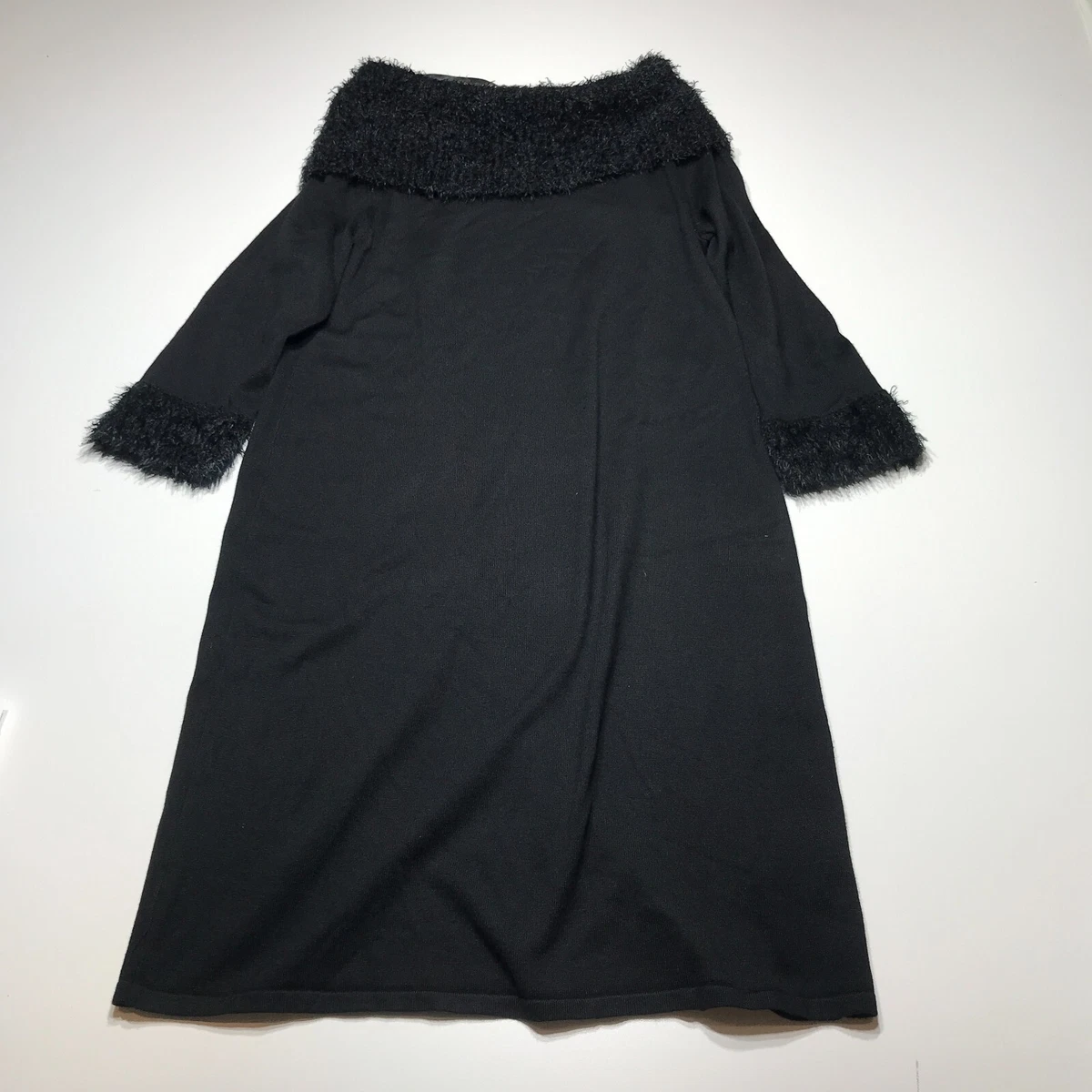 Spense Petite Dress Womens Size PL Faux Fur Trimmed Black Ribbed