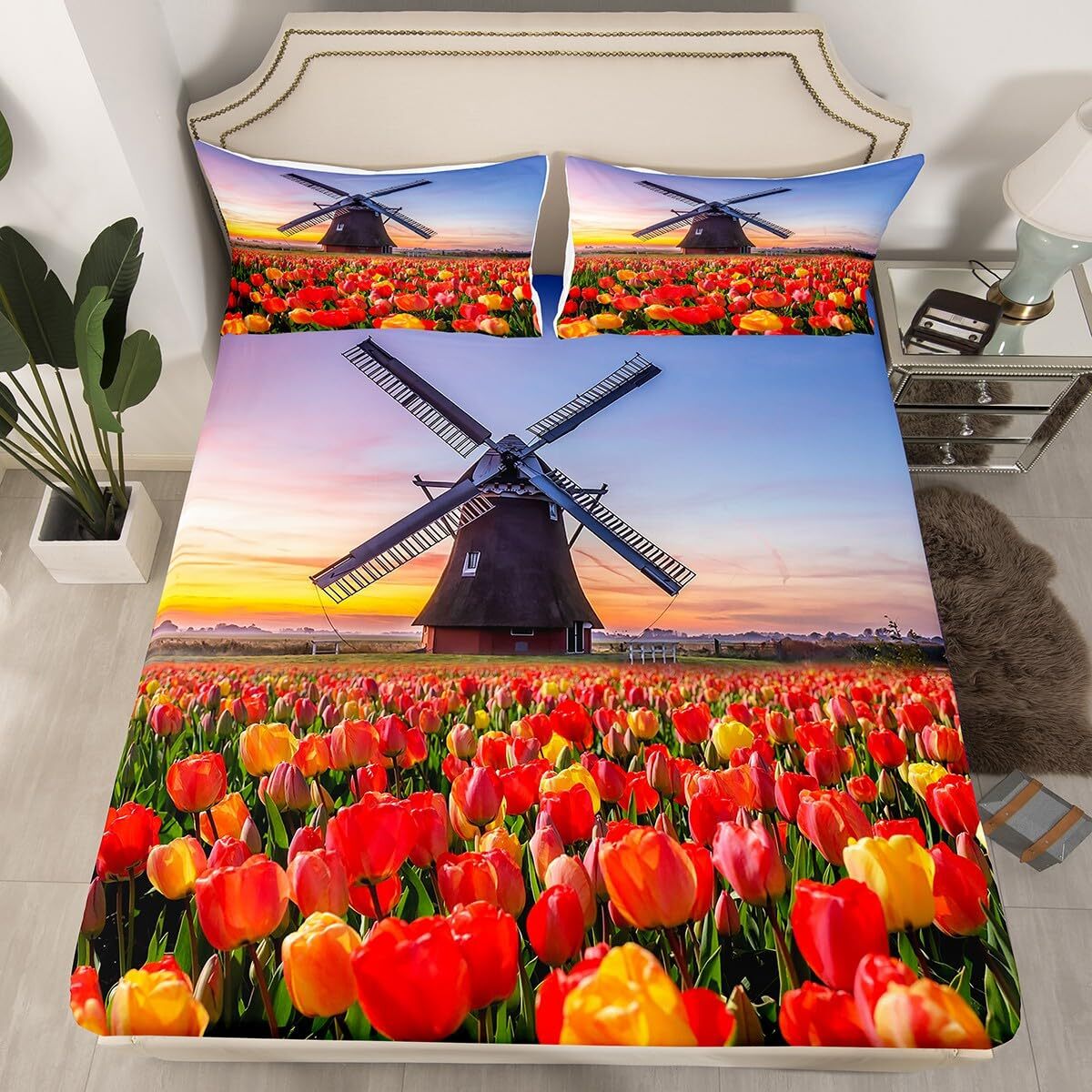 Landscape Bed Sheets Twin, Classic Dutch Windmill Fitted Sheet for Kids Boys ...