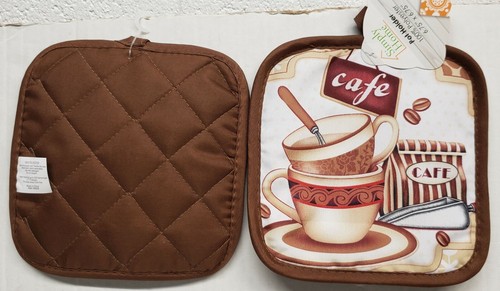 Set of 2 Same Printed Pot Holders(7"x7")COFFEE CUPS STACK & SPOONS,brown back,SH - Picture 2 of 6