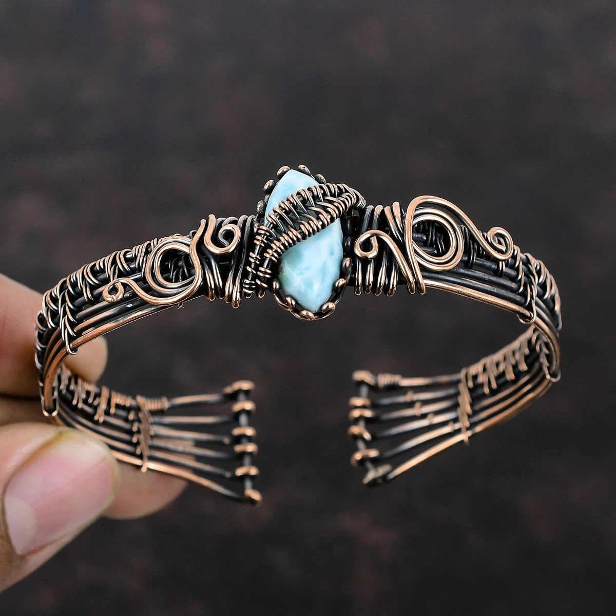 Larimar Gemstone Handmade Jewelry Copper Mom Gift Wire Wrapped Adjustable  Bangle