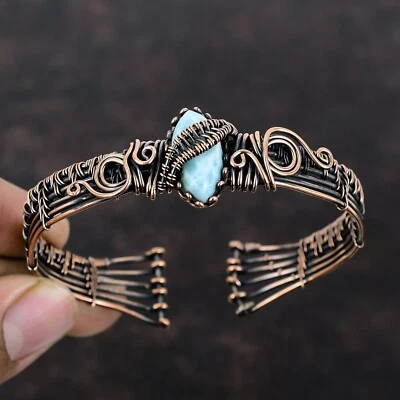 Larimar Gemstone Handmade Jewelry Copper Mom Gift Wire Wrapped Adjustable Bangle - Image 1 of 4