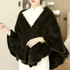 100%Real Mink Fur Knit Wrap Cape Coats Ruffles Handmade Womens Luxury Fur Shawl