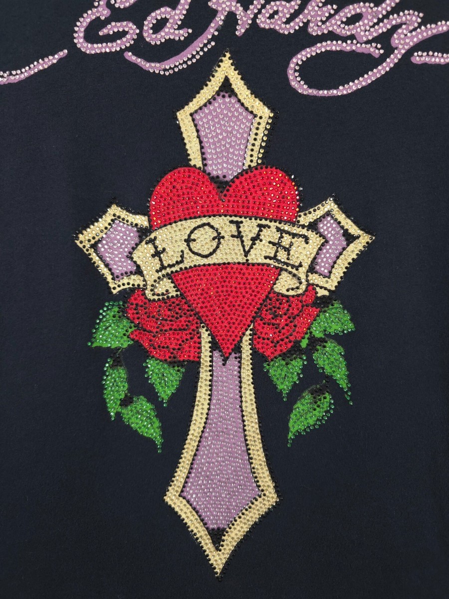 Y2K Ed Hardy Love Rhinestone Heart, Cross, and Rose Graphic Shirt
