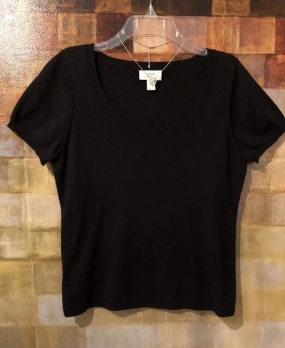 ANN TAYLOR LOFT Black SS Scoop-Neck Knit Cotton Top Size L (10-12) EUC - Picture 5 of 10