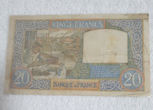 Scarce Rare Genuine Vintage 1941 Banque De France 20 Francs Banknote in GoodVF - Picture 2 of 2