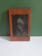 Tableau Vierge Marie Sculpté sur Etain Signé