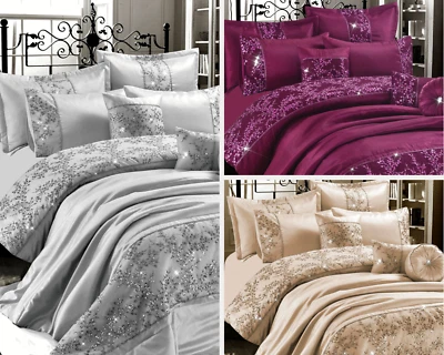 GIGI Embroidered Lace Duvet Cover Diamante Quilt Silk Satin Bedspread Bed Sets