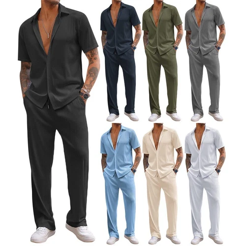 Men Outfit 2-Piece Set Half Sleeve Button Shirt and Pants Sweatsuit Set - Picture 2 of 30