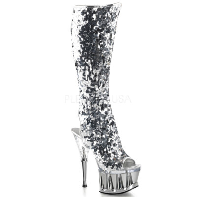 SALE! PleaserUSA Damen Plateau-Kniestiefel Spiky-2019 silber
