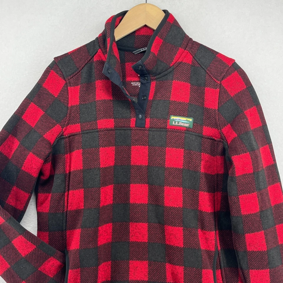 LL BEAN Suéter Polar Mujer L Cuadros Búfalo 1/4 Pullover a Presión Bolsillos Canguro Foto 4 de 4